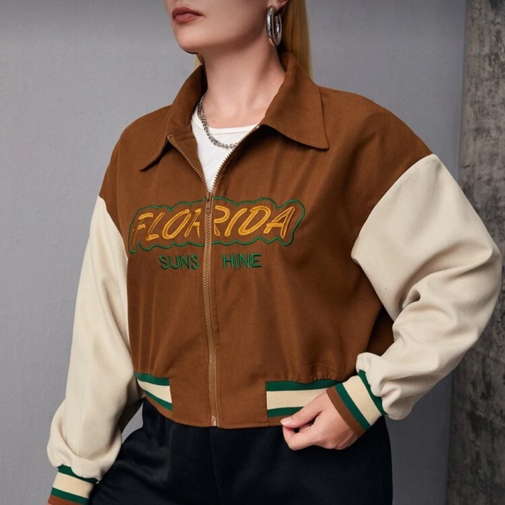 Plus Florida Sunshine Cropped Embroidery Colorblock Drop Shoulder Varsity Jacket